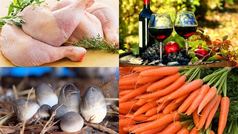 Các nguyên liệu để làm nên món gà nấu rượu vang